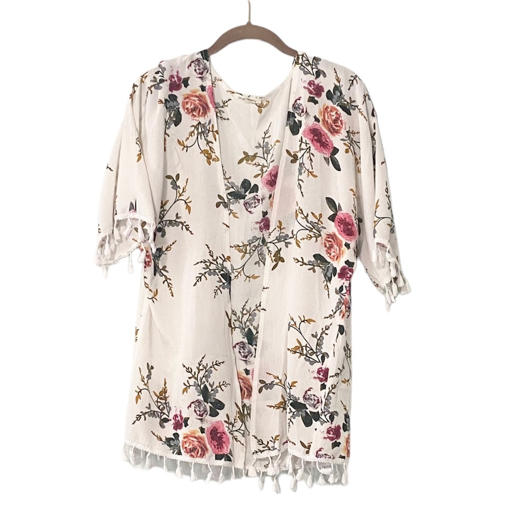 Floral Kimono Cardigan - White with multicolor flowers - Picture 2 of 6